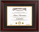 GraduatePro frame showing 8.5x11 diploma with black over gold mat.
