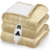 Greenoak heated blanket on bed provides cozy warmth and soft beige fleece.