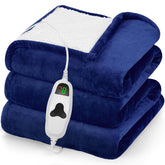 Greenoak sea blue heated blanket 50x60 on bed for cozy warmth.