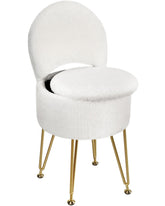 GREENSTELL vanity chair with storage and folding back in white plush fur, ideal for makeup organization