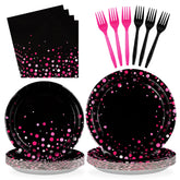 Grencian 9-inch dinner plates in hot pink on black bring a striking party look, great for serving meals.