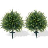 Grooy artificial cedar topiary with ground spike, two-pack, ideal for pots or soil.