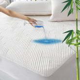 GRT waterproof California King mattress protector with fabric closeup shows breathable bamboo rayon comfort.