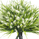 Grunyia 20 bundles artificial monkey grass with white flowers, ideal for outdoor wedding decor.
