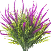 Grunyia artificial plants with purple flowers for porch closeup, UV-resistant outdoor decor that lasts year-round