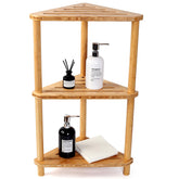 GUGIGIP bamboo corner shower caddy stand showcasing warm natural bamboo in a modern bathroom.