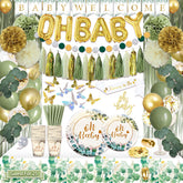 Guudmua 217-Pcs Sage Green Baby Shower Decorations Kit highlights neutral decor for elegant celebrations.