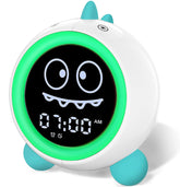 H-chin Dino alarm clock green front view shows friendly design for kids