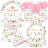 HAKOTI Class of 2026 dinner plates with pink-gold floral print for an elegant party vibe.