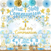 HAKOTI First Communion banner backdrop in blue and gold enhances ceremonial decor.