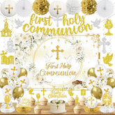 HAKOTI first communion banner backdrop in gold enhances ceremony decor
