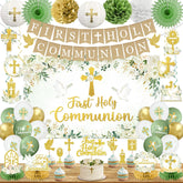 HAKOTI first communion banner backdrop enhances ceremony decor with sage green and gold.