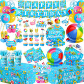 HAKOTI pool party dinner plates with bright birthday design for quick outdoor setup.