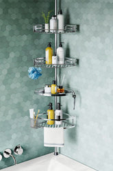 HAMITOR corner shower caddy with clip buckle design for fast installation.