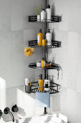 HAMITOR corner shower caddy with clip buckle design for quick, effortless installation.
