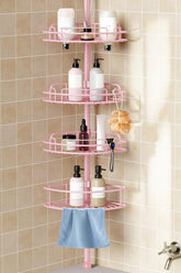 HAMITOR pink corner shower caddy front view showing compact 4-tier storage.