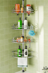 HAMITOR corner shower caddy tension pole with 4-tier shelves for stable storage.