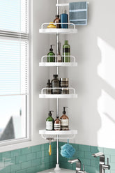 HAMITOR corner shower caddy with tension pole and four tiers keeps toiletries neatly in reach.