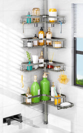 HAMITOR shower caddy tension pole with 4-tier corner design for compact storage.