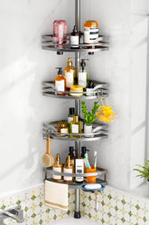 HAMITOR shower caddy tension pole with four tiers keeps toiletries neatly organized