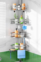HAMITOR shower caddy tension pole assembly shows quick setup without drilling