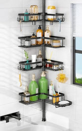 HAMITOR shower caddy tension pole front view; space-saving corner fit for small bathrooms.