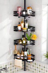 HAMITOR Shower Caddy Tension Pole setup demonstrates tool-free installation for rental bathrooms.