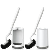 HAMITOR curved-design toilet brush reaches under rim for deep cleaning.