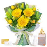 Hanameguri built-in-vase preserved sunflower bouquet ready for gifting.