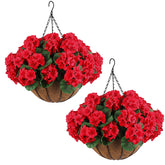 Hananona artificial red geraniums in outdoor hanging baskets for vibrant curb appeal