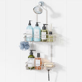hapirm hanging shower caddy over shower head provides stable, rustproof storage.