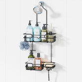 HapiRm hanging shower caddy over shower head for secure storage in wet bathrooms.