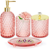 Haturi pink soap dispenser enhances counter organization with a stylish gold lid