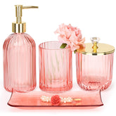Haturi pink glass dispenser for soap or lotion, adding stylish counter organization