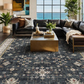 Hazo Haus black farmhouse rug 8x10 front view with charcoal base.