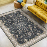 Hazo Haus Black Modern Farmhouse Rug in living room with durable, easy-care fibers.