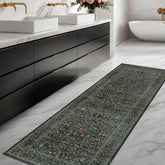 Hazo Haus dark green 2x7 runner rug adds hallway charm and vintage vibe.