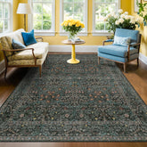 Hazo Haus dark-green floral rug 5x7 enhances living room ambiance with vintage charm.