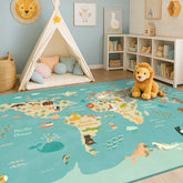 Hazo Haus washable kids playrug with animal world map in blue for learning