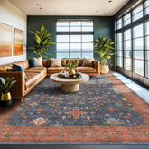 Hazo Haus washable navy blue rug, top view, easy to clean for busy homes.