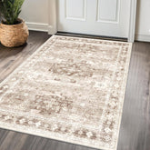 Hazo Haus washable neutral farmhouse entryway rug in beige latte, easy to clean.