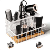 HB Design Co hair tool organizer on countertop keeps tools within reach.