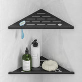 HBXS corner shower shelves with razor hole; secure tile-in design keeps toiletries within reach.