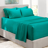 Hearth & Harbor teal extra deep pocket queen sheets packaging highlights premium quality and care.