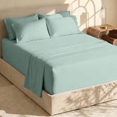 Hearth & Harbor Ice Green bed sheets closeup of soft microfiber texture for comfort.