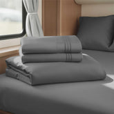 Hearth & Harbor short queen RV sheets on bed; silky microfiber feel keeps you cool.