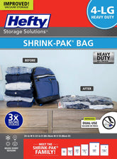 Hefty Shrink-Pak vacuum bag for clothes shows space-saving compression.