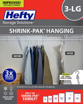 Hefty Shrink-Pak vacuum bags ready for hanging storage, maximizing closet space.