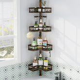 HEVEL corner shower caddy with L-shape fit in bronze for space-saving storage.