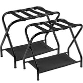 Heybly luggage rack pair in assembled form supporting suitcases for guest rooms.